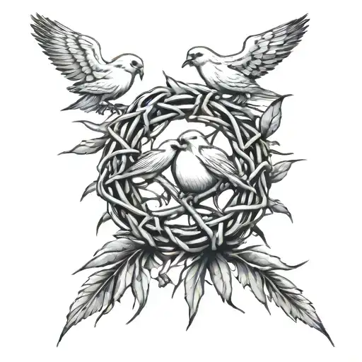 crown of thorns with olive branches and three doves tattoo design idea