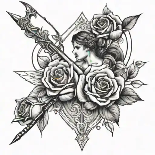 roses, diamonds, Cupid shooting arrows tattoo design idea