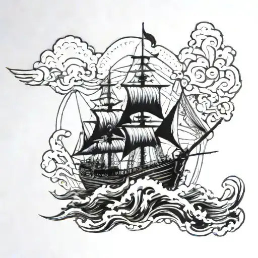 An intricate design of a ship navigating through a stormy sea, with lightning striking the water and a compass guiding the way tattoo design idea