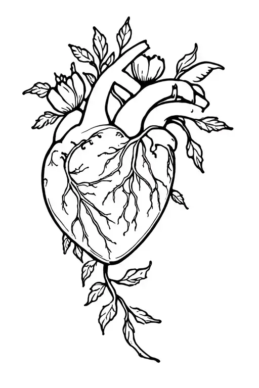 anatomy heart with flower blooming and flowers and vines going down the spine tattoo design idea