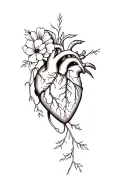 anatomy heart with flower blooming and flowers and vines going down the spine tattoo design idea
