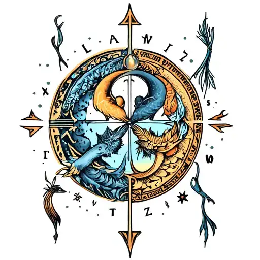 Create an tattoo image that has the Cancer sign Aquarius Taurus Pisces and Virgo signs combined tattoo design idea
