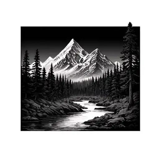 mountain with river and tress tattoo design idea