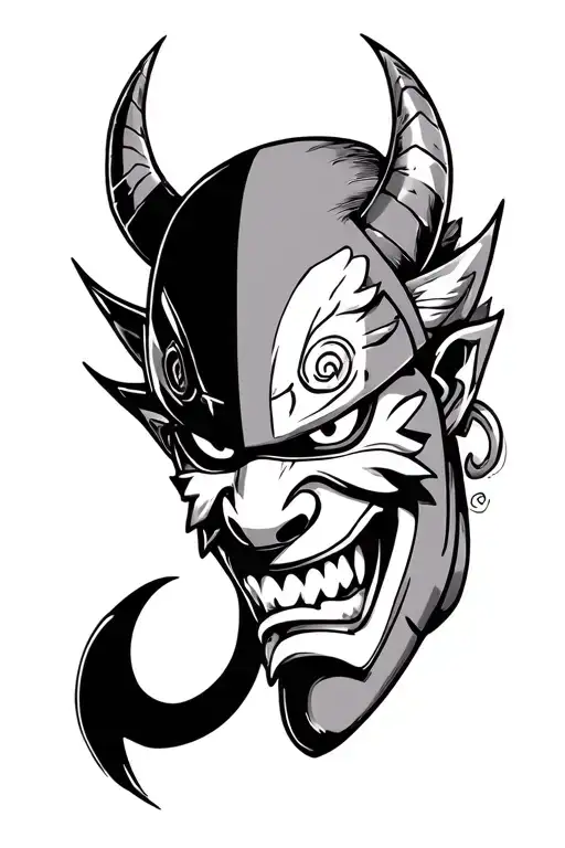 Traditional Japanese oni mask half being pulled off by Japanese manga Naruto in black and grey  tattoo design idea