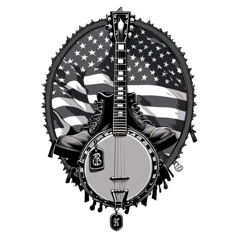 A banjo with music coming out of it, combat boots with dog tags hanging from them, an American flag as the background tattoo design idea