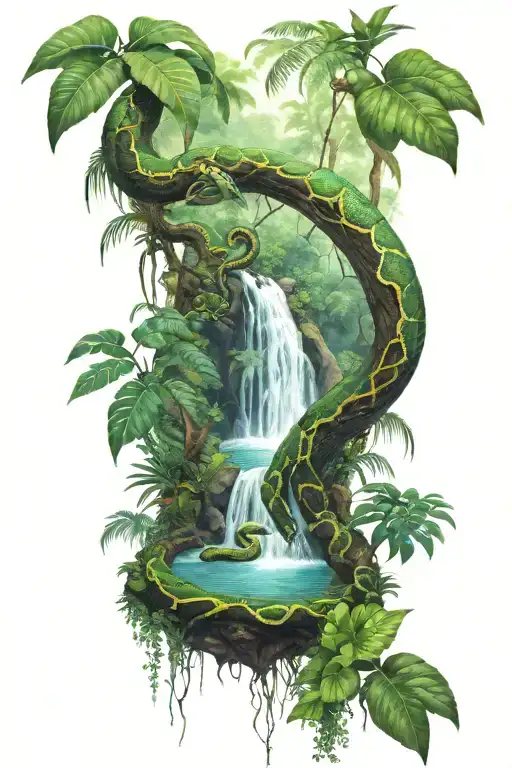 Rainforest waterfall with snake on branch  tattoo design idea