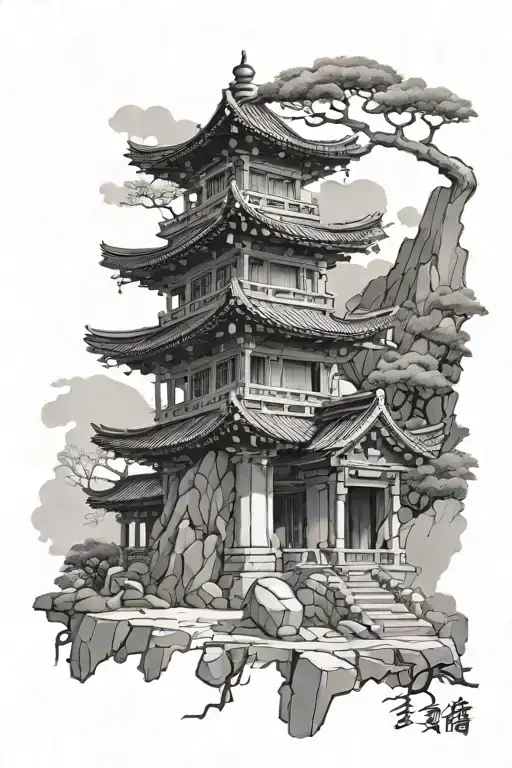 Korean nature temple ruins tattoo design idea
