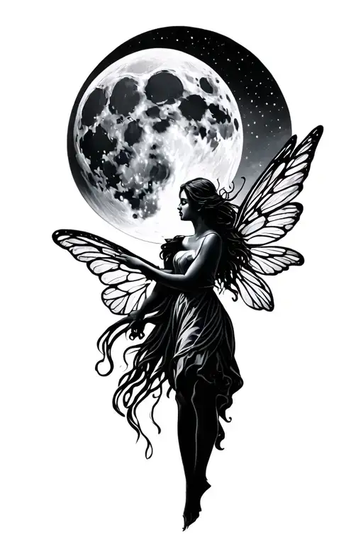 Fairy reaching for the full moon with both hands reaching tattoo design idea