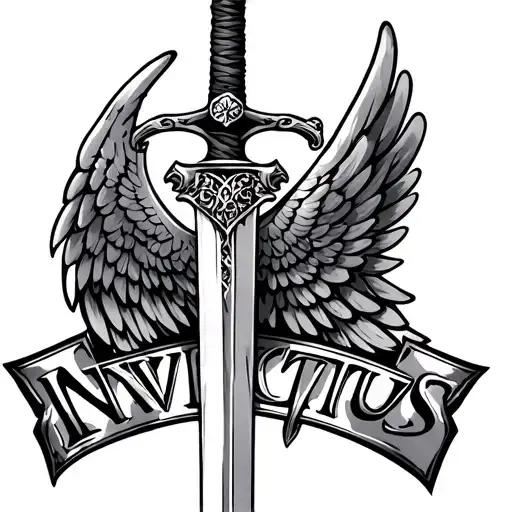 line art. half wing attached to a sword. add other line elements and add the word "Invictus" in capital letters tattoo design idea