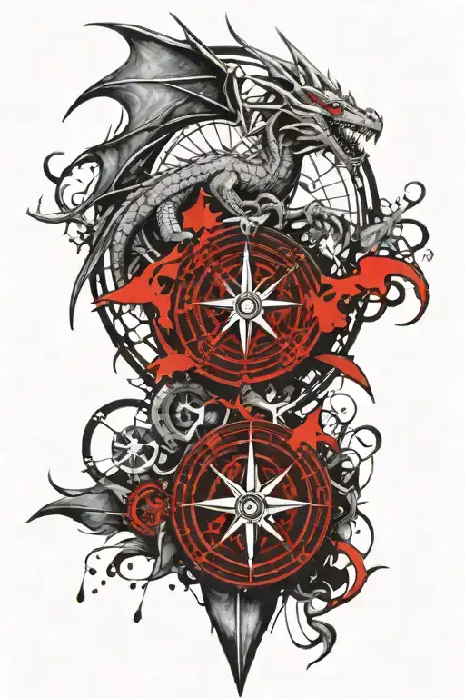 slender european dragon wrapped around a compass rose. North to South elongated  tattoo design idea
