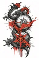 slender european dragon wrapped around a compass rose. North to South elongated  tattoo design idea