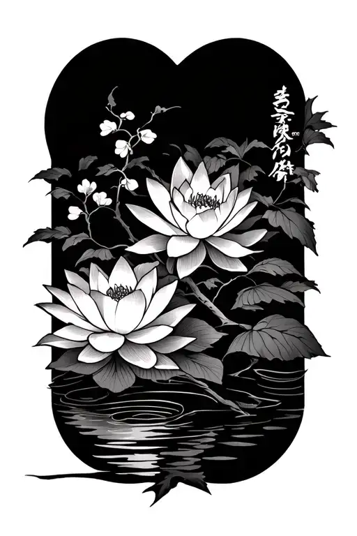 zoro roronoa, lotus flower and cherry tree, japanese style with kanji for courage tattoo design idea