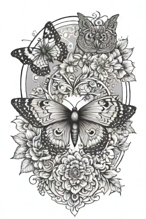 butterfly, flowers, owl, moth, mandala moon sun tattoo design idea
