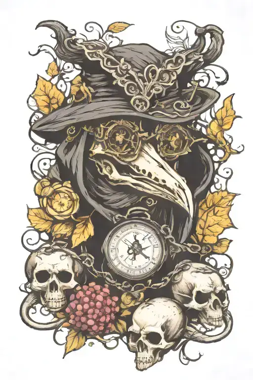 plague doctor in black hood, holding a compass, surrounded by vines and blackberries tattoo design idea