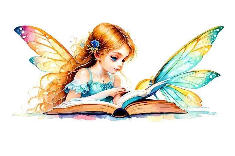 fairy reading a book with her eyes showing over the top of the book tattoo design idea