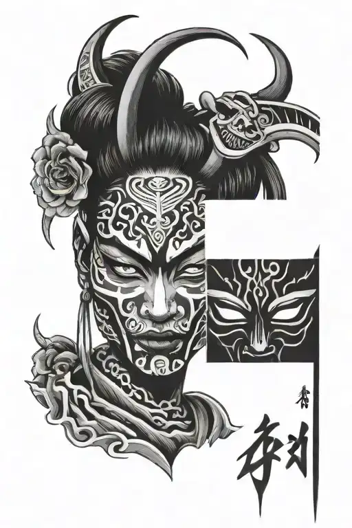 oni mask slit in hamp and behind it is another broken oni mask and the middle is a beautiful girl's face tattoo design idea