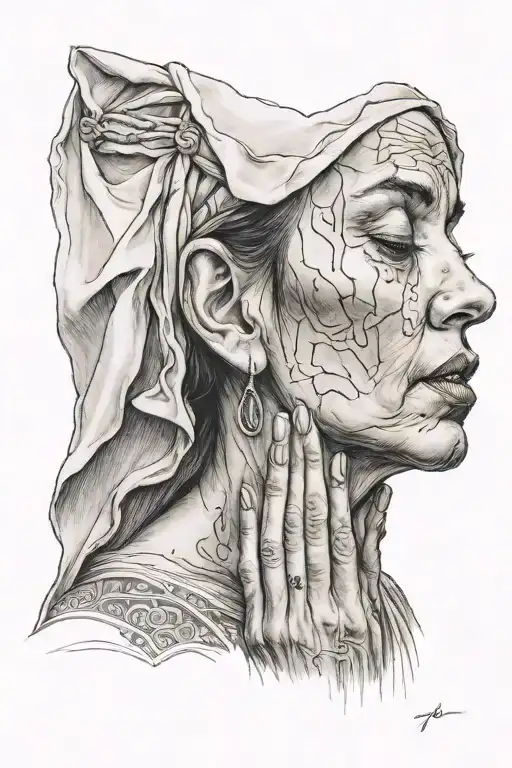 woman praying shedding 1 tear tattoo design idea