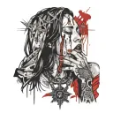 woman praying while crying tears while Jesus necklace wrapped around neck   tattoo design idea