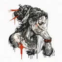 woman praying while crying tears while Jesus necklace wrapped around neck   tattoo design idea