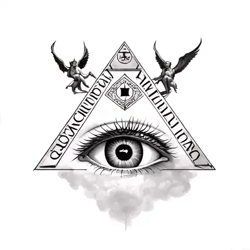 a big Florence in evil gothic spelling with demons and angels around it with the Illuminati all seeing eye the pyramid  tattoo design idea