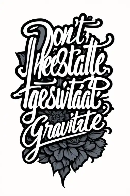 "Don’t hesitate; gravitate." the first two words above and gravitate below, first two words outline font, gravitate bold font. manly classy cursive  tattoo design idea