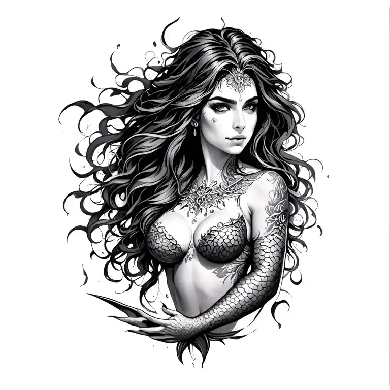 mermaid warrior holding tattoo design idea