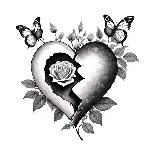small broken heart with butter fly an roses growing tattoo design idea