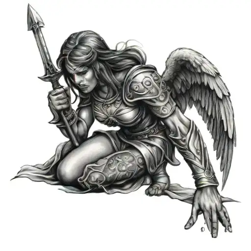 Warrior Kneeling female angel tattoo design idea