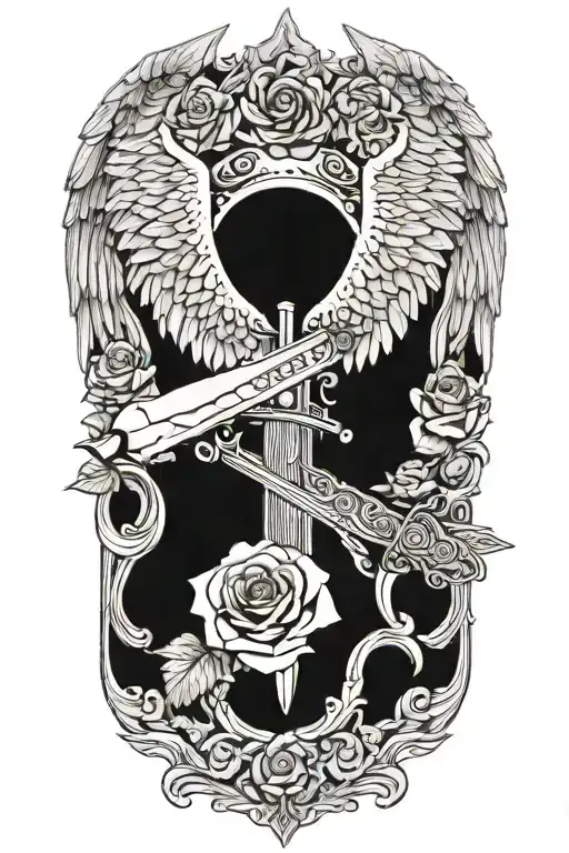 angel wings behind sword, roses tattoo design idea