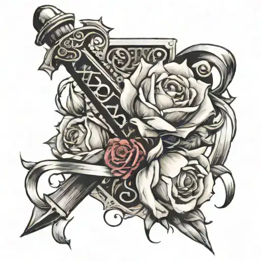 bouquet of tulips and roses wrapped around a sword with 6 roman numeral   tattoo design idea