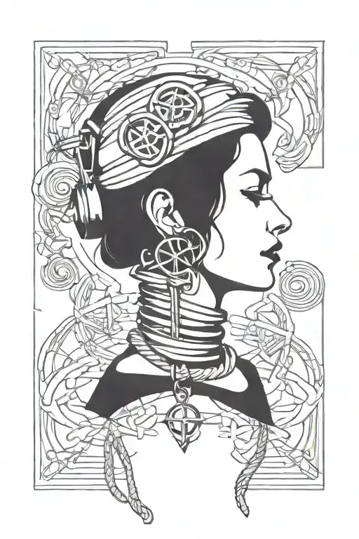 Design a sleek, minimalist neck tattoo for the side of the neck. The tattoo should feature a vintage microphone with a clean, modern line art style. The microphone cable should flow smoothly and gracefully around the neck, gradually transitioning into a thin rope or chain. As the rope continues, it should seamlessly morph into a simple, minimalist anchor at the end. The anchor should have clean lines with subtle shading for depth, but nothing too heavy. The overall design should be elegant and refined, with fluid, continuous lines that wrap naturally around the side of the neck. The tattoo should appear minimal and sleek, with a subtle connection between the microphone, rope, and anchor, creating a modern yet artistic look tattoo design idea