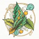 Letton color with linden leaf and amber stone surrounded tattoo design idea