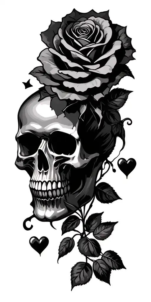 skull, roses, broken hearts surrounded tattoo design idea