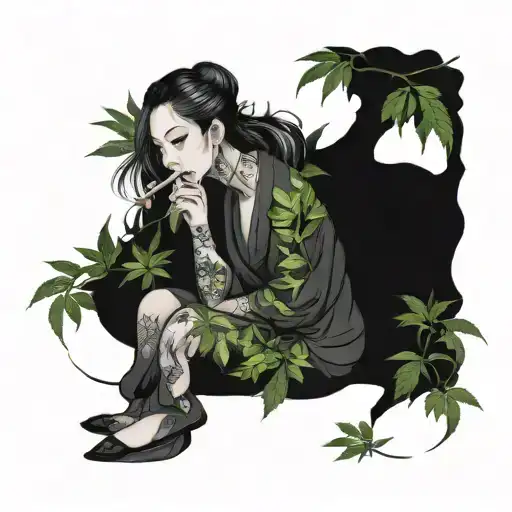 gothic woman smoking a blunt surrounded by weed leaves tattoo design idea