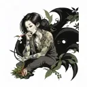 gothic woman smoking a blunt surrounded by weed leaves tattoo design idea