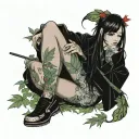 gothic woman smoking a blunt surrounded by weed leaves tattoo design idea