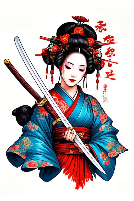 geisha with samurai sword tattoo design idea