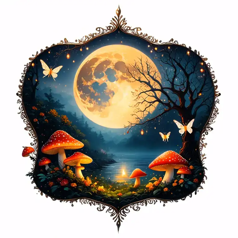 ✨ A fairyland theme — fairies, glowing mushrooms, enchanted trees, fireflies, and maybe a crescent moon or sparkling nig tattoo design idea