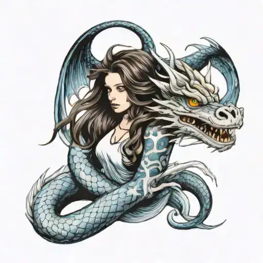 girl with long hair and blue eyes white dragon tattoo design idea