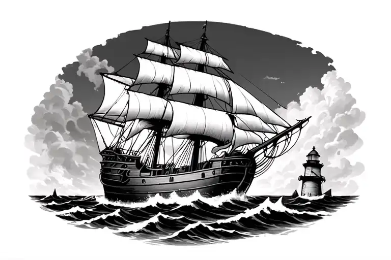 galleon, sea monster, lighthouse tattoo design idea