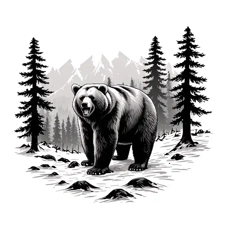 I want a whole back tattoo with a standing and growling bear surrounded with some silhouettes of pine trees  tattoo design idea