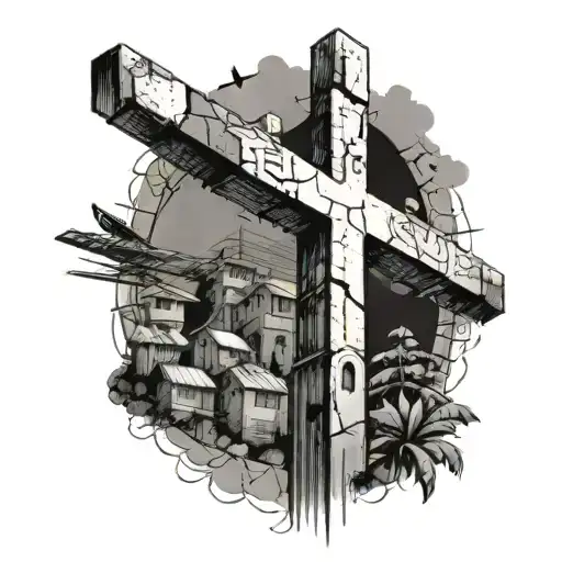 Christian cross surrounded by favela in Brazil tattoo design idea