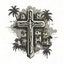 Christian cross surrounded by favela in Brazil tattoo design idea