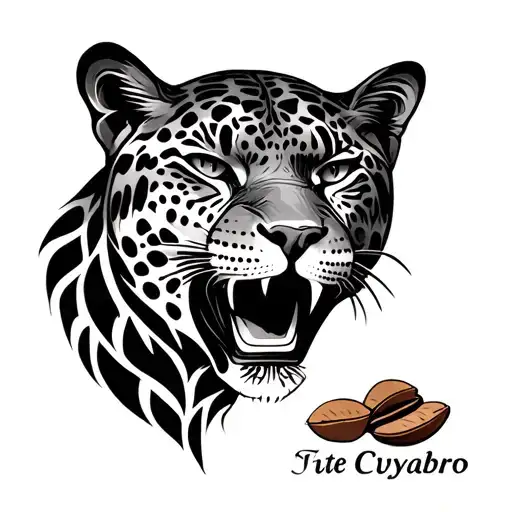 Writing Cuyabro in chicano with coffee seed and jaguar head tattoo design idea