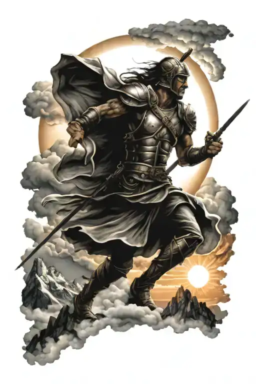 warrior overlooking mountains, Behind the warrior, the sun emerges casting rays that blend into swirling clouds or stars tattoo design idea