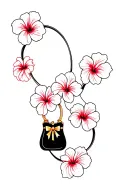multiple hibiscus flowers around black purse and gold bow tattoo design idea