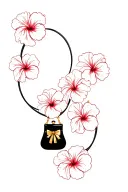 multiple hibiscus flowers around black purse and gold bow tattoo design idea