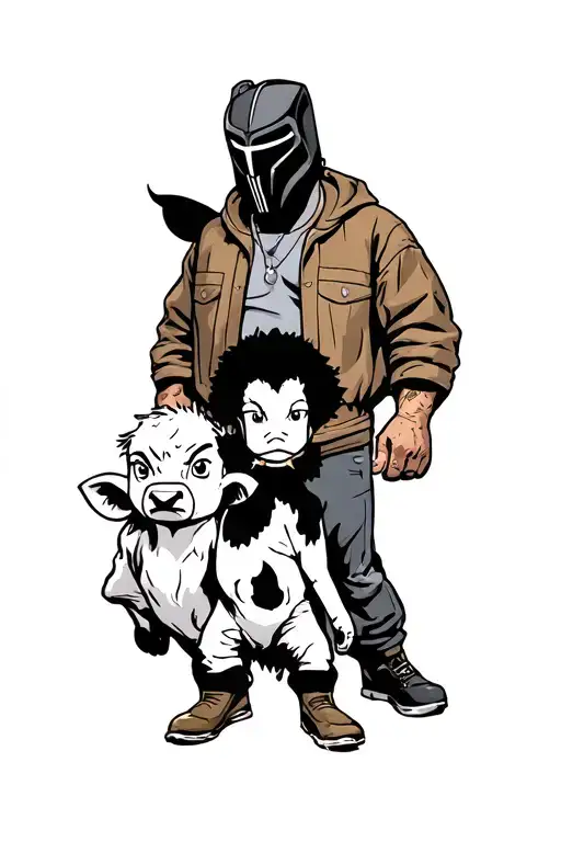 a calf tattoo stencil of boondocks characters, smokey and craig from Friday, and MF Doom tattoo design idea
