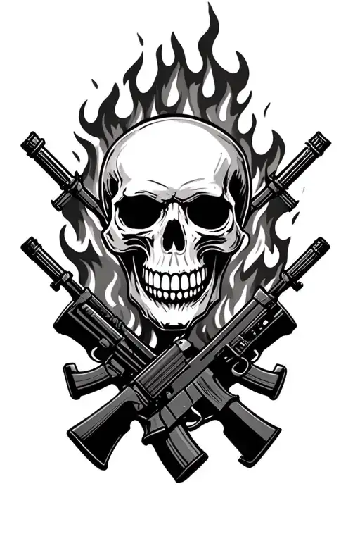 Black and white skull on fire with rifles behind it tattoo design idea
