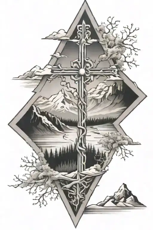 Cross with winter mountains inside  tattoo design idea